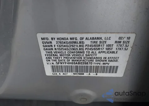 2010 Honda Pilot Ex-L z USA, uszkodzony, nr VIN 5FNYF4H69AB039870